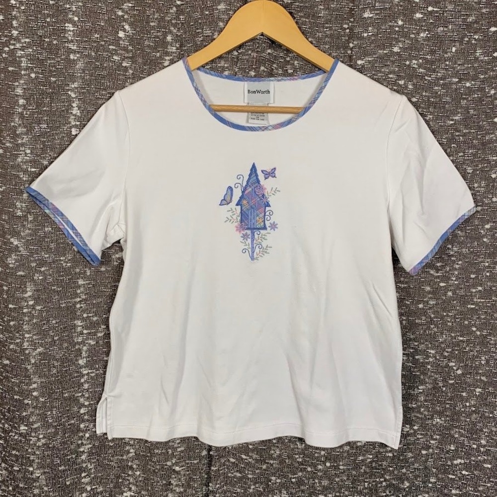 BonWorth White Embroidered Birdhouse Top Short Sleeve Cottagecore Women's XSP